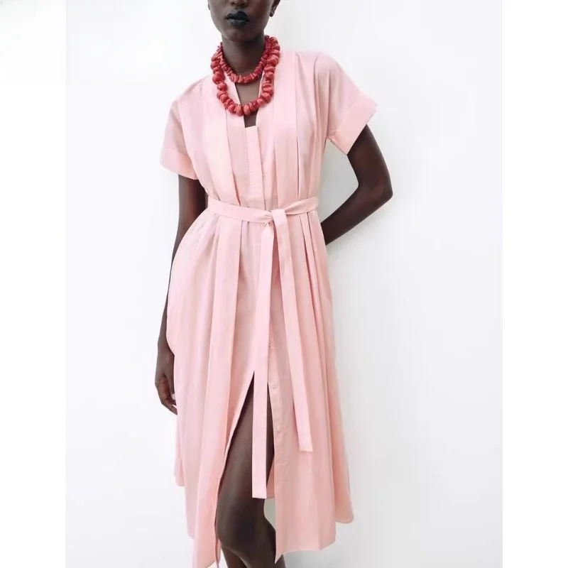 Summer Faion Ele V-ne Polsino ort Sve Pieghettato Decorato Cintura irt-sle Dr Commute Sle Primavera Estate o...