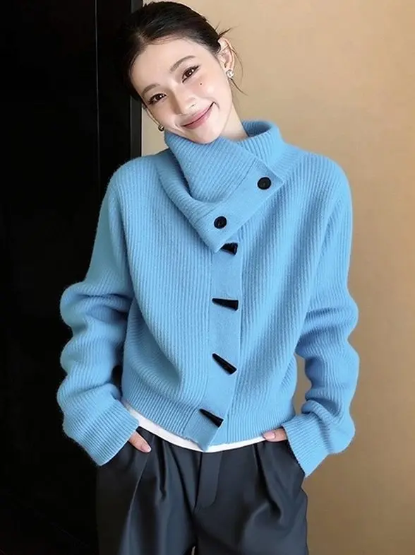 

Early Spring High Neck Knitted Blue Sweater Korean Style Unique Atmosphere Feeling Top Loose Fit Long Sleeve Casual Knitwear