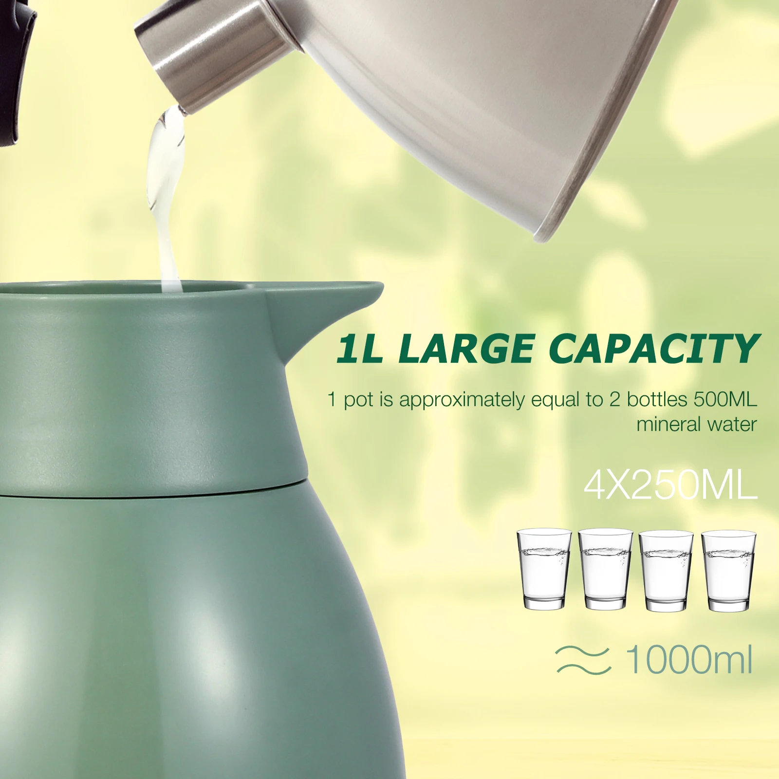 

1 шт., 1 л, термобутылка с изоляцией, чайник с горячей водой, безопасный пищевой материал, легко чистящаяся термобутылка большой емкости