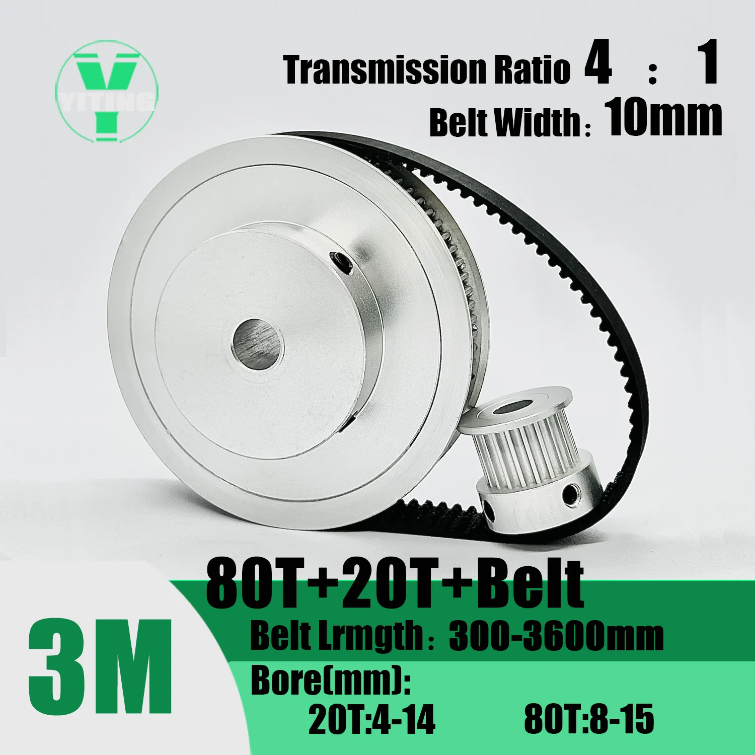 HTD3M 20T 80Teeth Timing Pulley Belt Set Belt Width 10mm Bore 4~15mm Reduction 4:1 Deceleration 3M Pulley Kit Synchronous Wheel