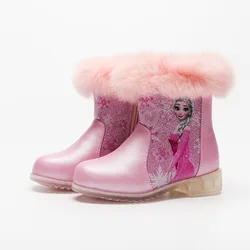 Disney Princess Girls Frozen Elsa Winter Snow Boots Pink Blue Shoes For Girls Non-slip Warm Shining With Fur Shoes size 25-35