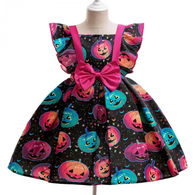 

Girl's New Pumpkin Smiling Face Cartoon Printed Bow Fly Sleeve Sweet and Cute Halloween Party Cosplay Princess Dress