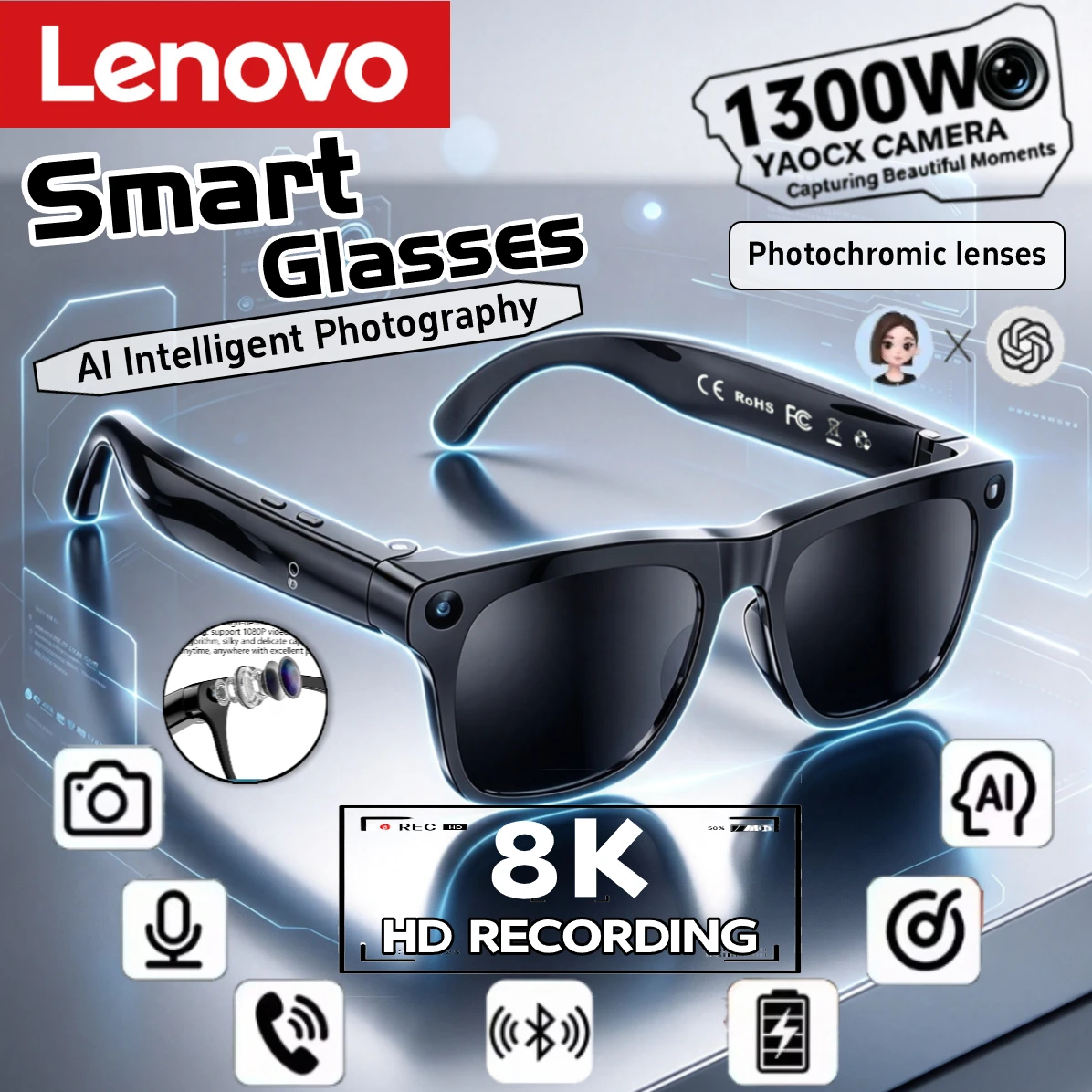 Lenovo Smart AI Glasses HD 8K Shooting Camera Photo Video Voice Call Translation Bluetooth AI Smart Glasses Upgrade 2026