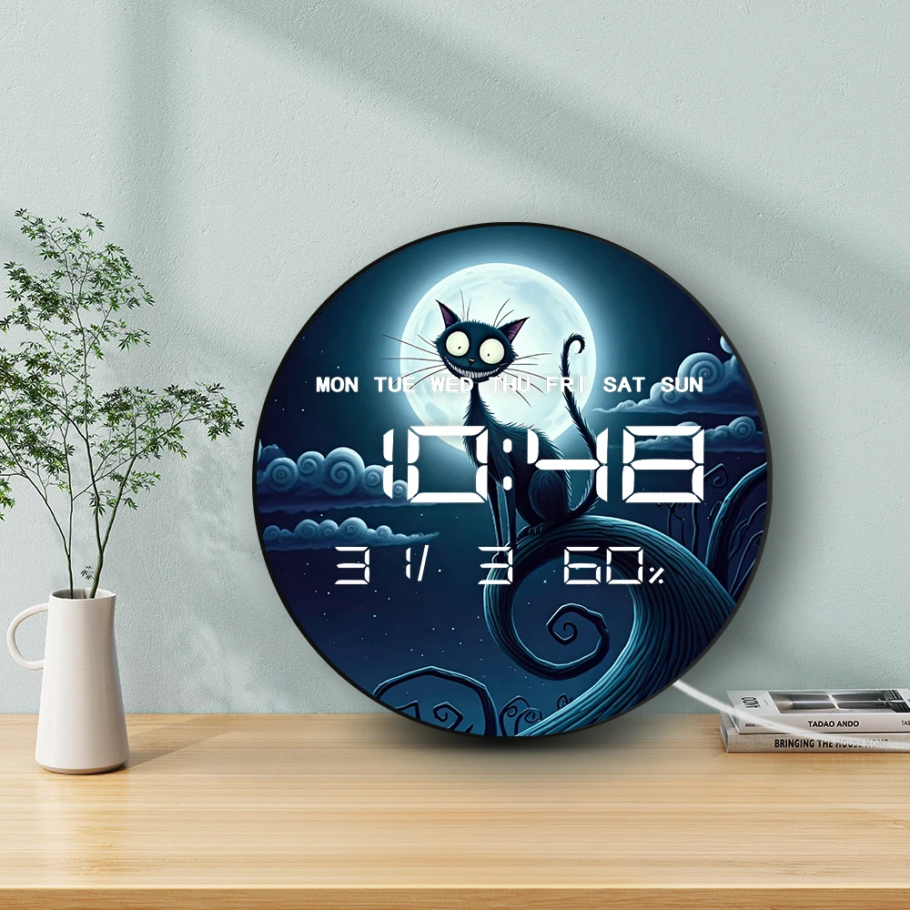 ساعة حائط رقمية من شيشاير كات مع قمر LED ديكور منزلي كرتوني ساعة حائط إلكترونية مع تقويم تاريخ درجة الحرارة والرطوبة
