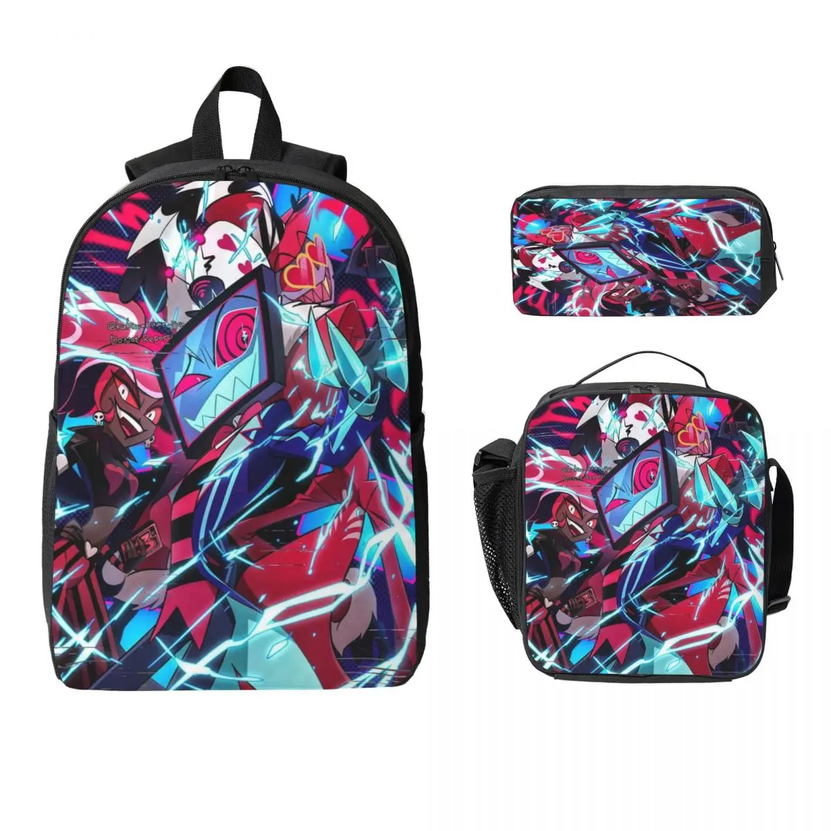 Hazbines Hoteles Alastor Vox 2 حقيبة ظهر للأطفال صندوق غداء صناديق أقلام رصاص للبنين والبنات حقائب ظهر مدرسية مجموعة حقائب الكتب