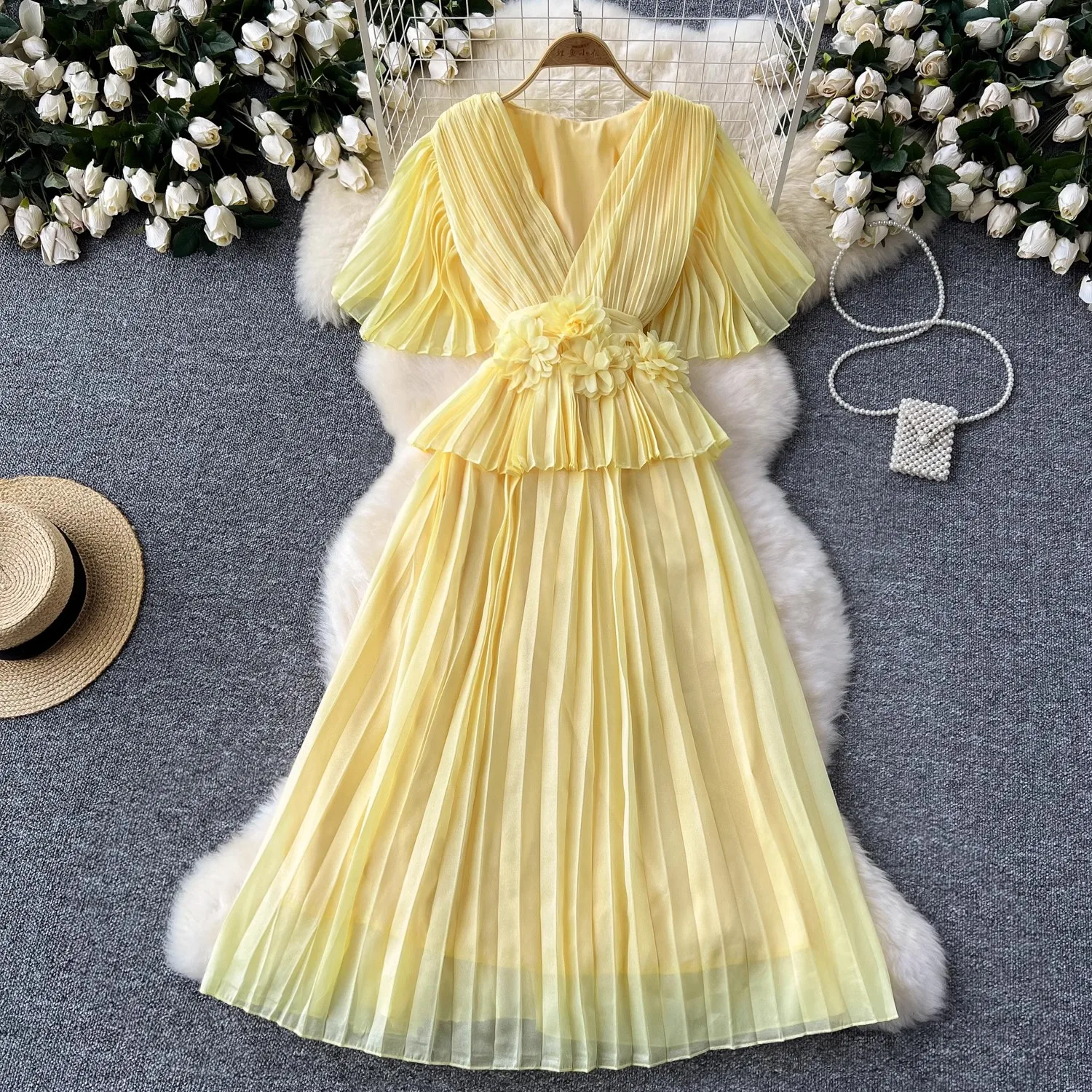 French Vintage Women V Neck Pleated Dress Summer Yellow Chiffon Flare Sleeve 3D Flower Waist Lace Up Belt Holiday Midi Vestidos