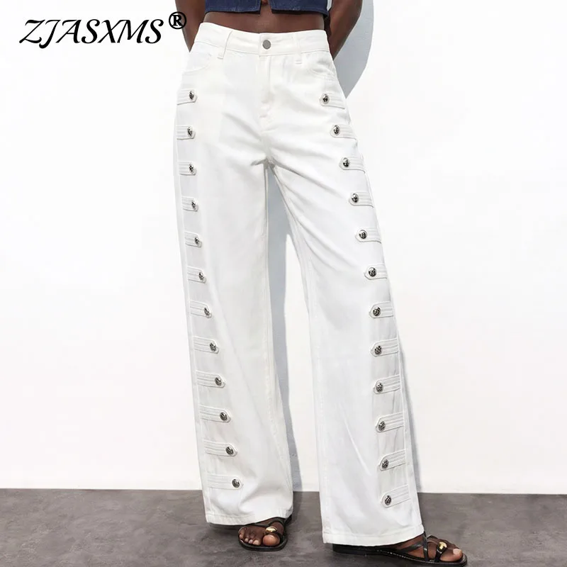 Trendy Light Wash Wide Leg Jeans Ladies High Rise Cutout Silver Button Loose Straight Denim Trousers Street Fashion Casual Pants