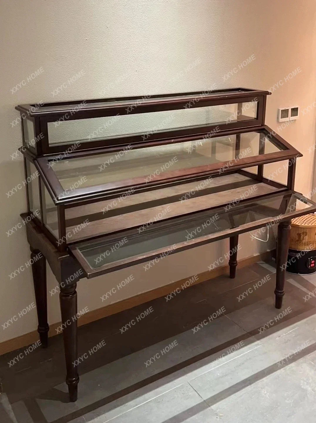 XZ  Medieval Double Layer Product Display   Retro Storage Cabinet Jewelry Jade Store Display Cabinet Glass Shelf