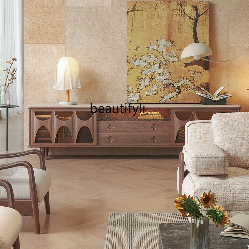 Solid wood TV cabinet, black walnut, living room floor-to-ceiling travertine rock slab TV cabinet, small apartment locker