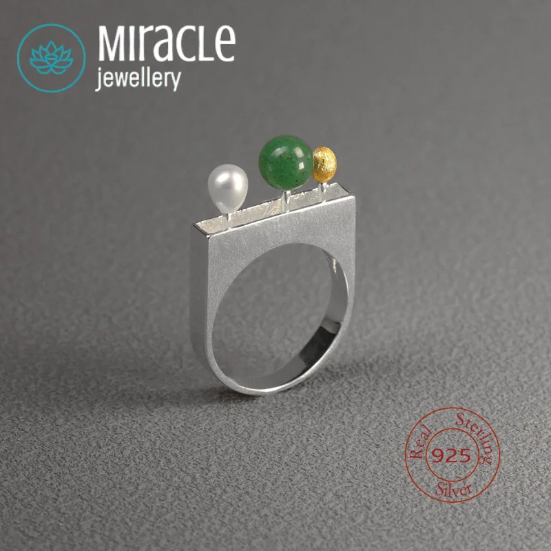Miracle Sterling Silver 925 Original Tree Gesture Inlaid Pearl Dongling Jade Bead Niche Design Minimalist Ring