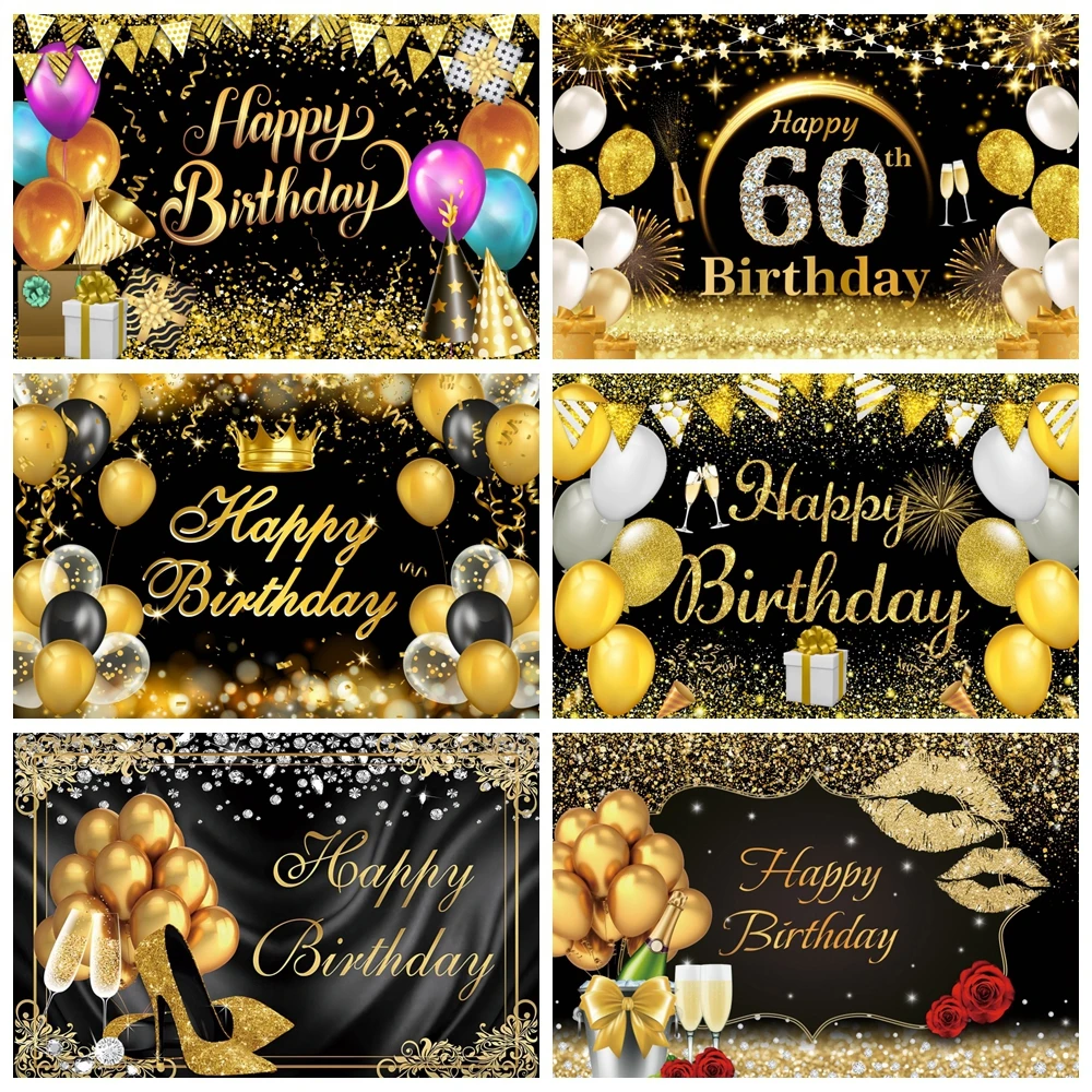 Happy Birthday Backdrop Balloons Glitter Spots Sequins Beer High Heels Girl Boy Adult Party Photography Background Decor Banner