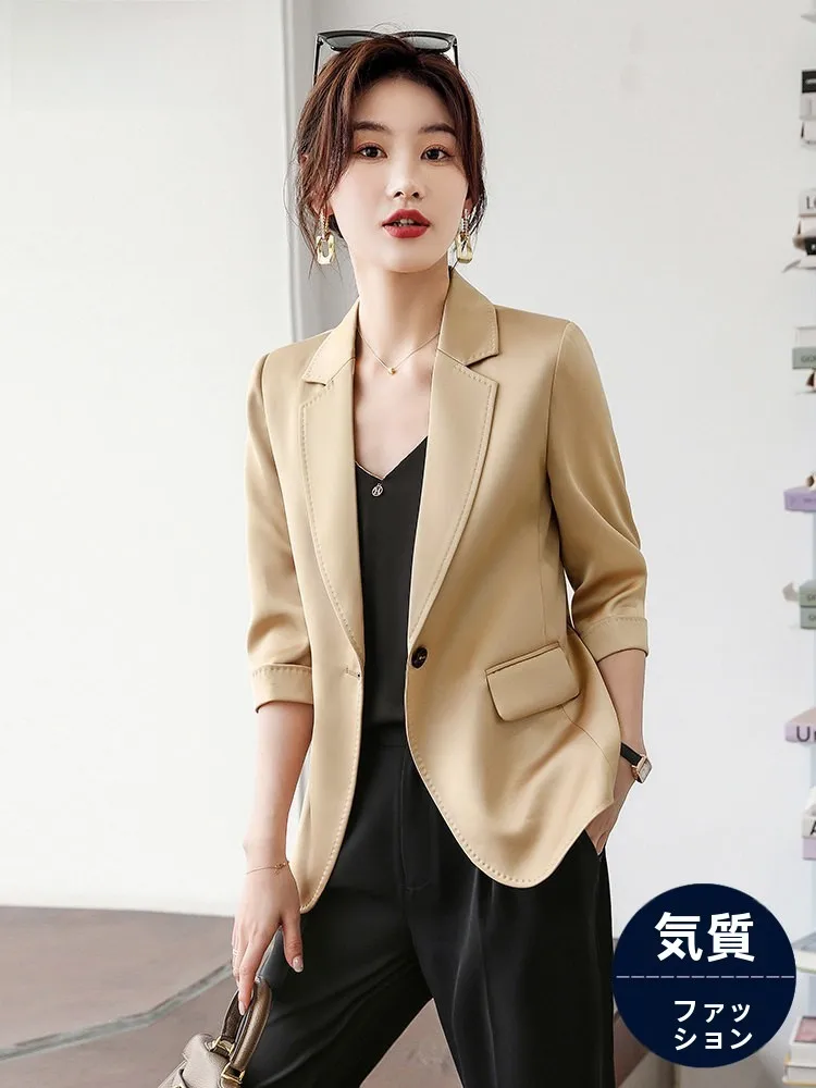 Acetate Green Women's Thin Summer Suit Jacket Casual Short Sleeve Shirt Style Comfortable Fit Fashionable Color Block Design