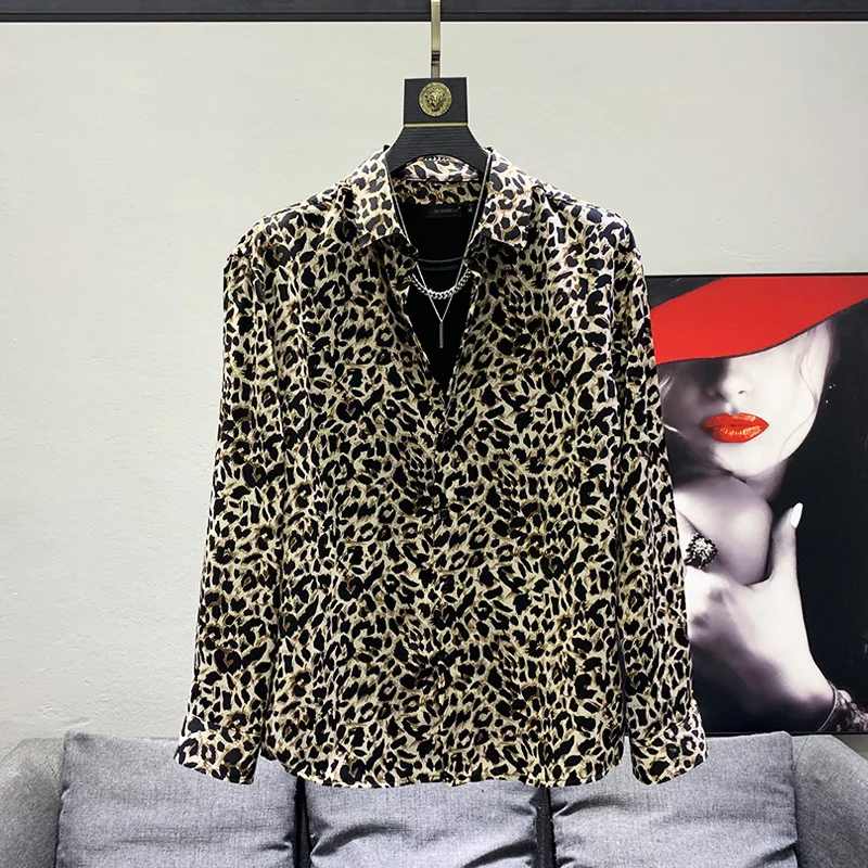 

Модная мужская рубашка из ледяного шелка с леопардовым принтом, свободного кроя, с длинным рукавом, тонкая, летняя, молодежная, с острым воротником-стойкой