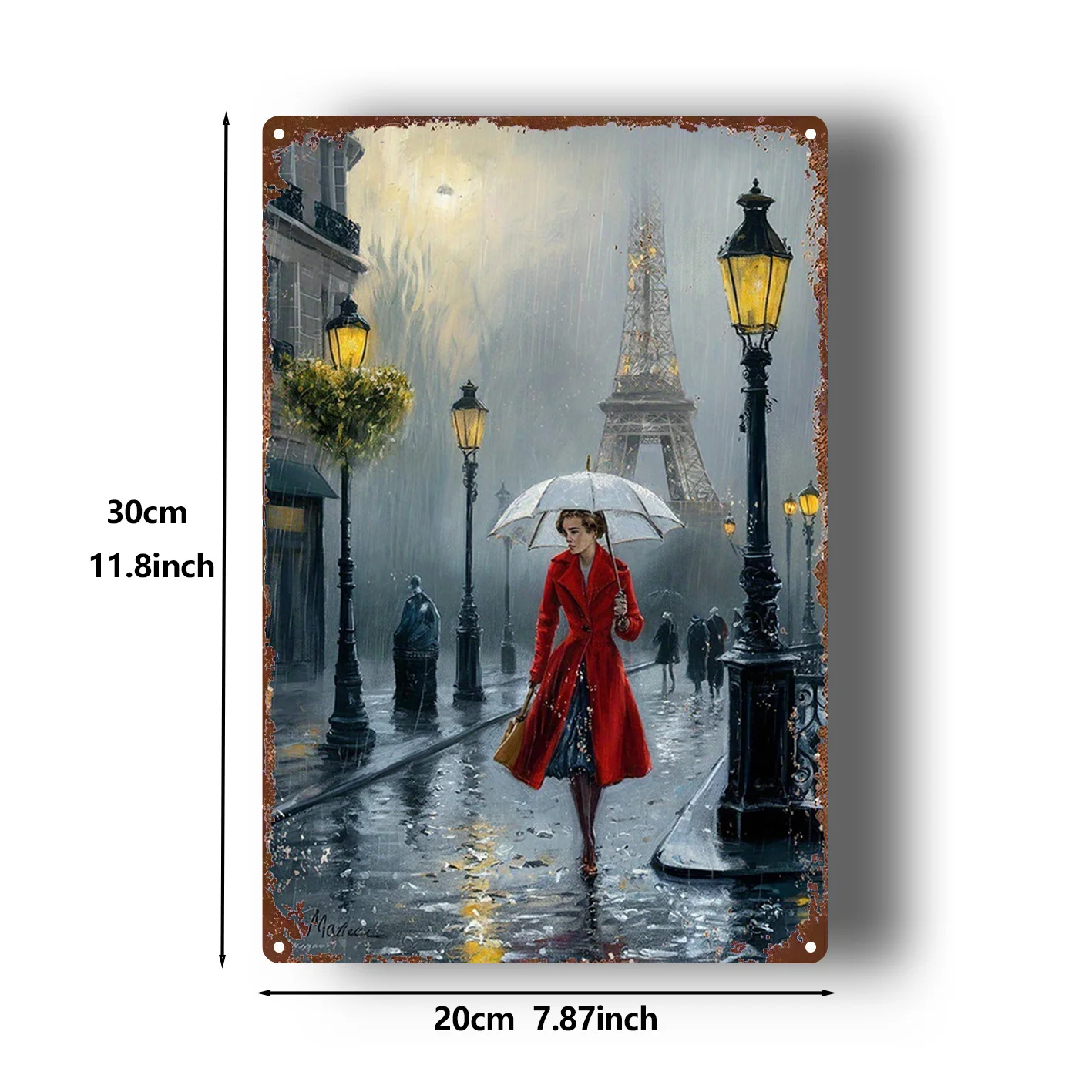 2D Flat, 1pc, Metal Sign, Paris Rainy Night Tin Sign, Woman Holding Umbrella, Eiffel Tower, Street Lamp, Vintage Decorative Sign, for decoration in bathroom, man's den, bedroom, garden, home office, kitchen view 5