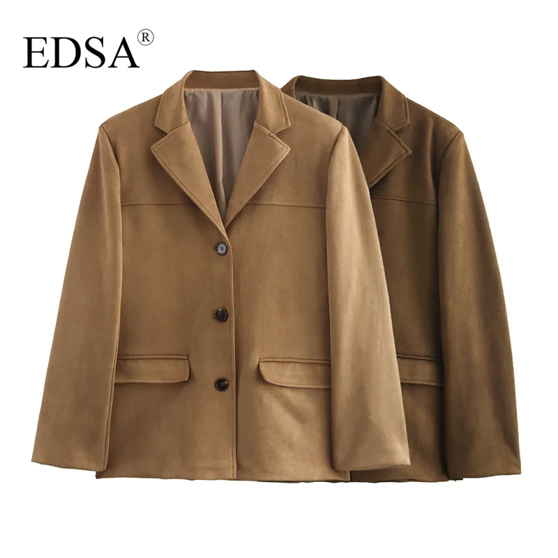 EDSA Women Suede Blazer Jacket with Flap Pockets for Office Lady Single Breasted Long Sleeves Suits Coat Outerwear