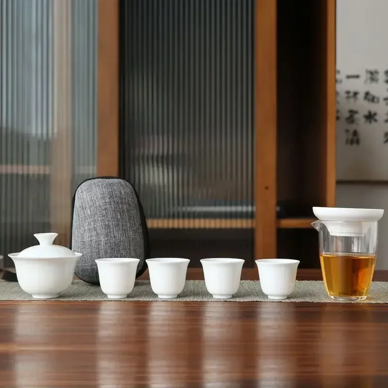 

Dehua White Porcelain Travel Kung Fu Tea Set Portable Bag A Bowl Four Cups Glass Cup Gift