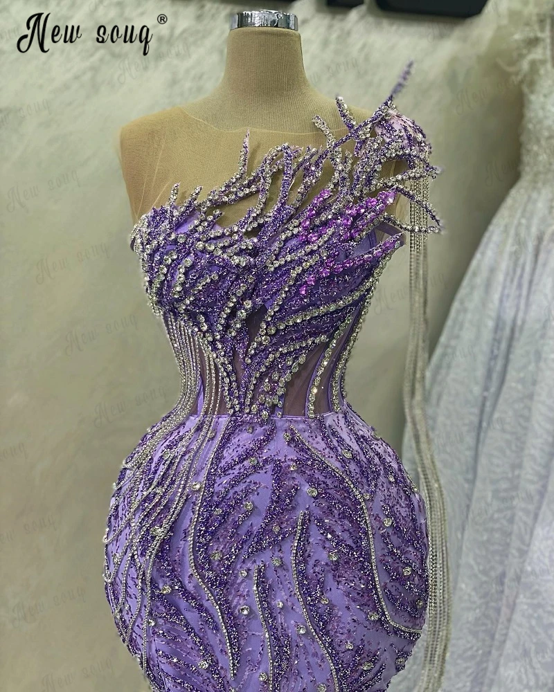 Couture Lilac One Shoulder Mermaid Cocktail Party Dress Sparkle Beaded Stones Tassels Wedding Night Gowns Asp Ebi вечернее плать