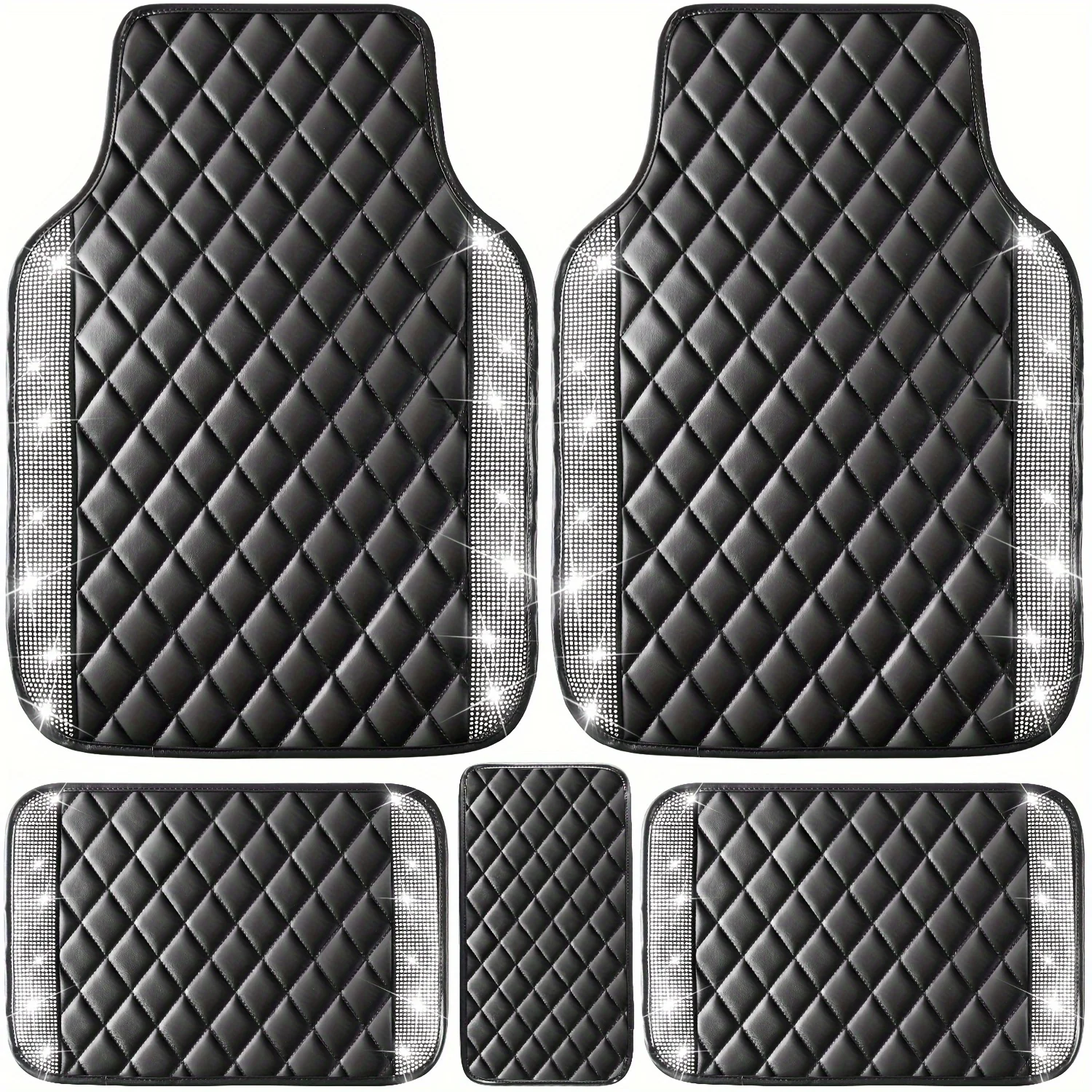 

5pcs Bling Faux Pu Faux pu leather Car Mats Shining Artificial Diamond Floor Mats Crystal Rhinestone Sparkly Glitter Carpet Anti-Slip Waterproof Pad Universal Fit for Automotive SUV, Sedan, Van, Girl Women