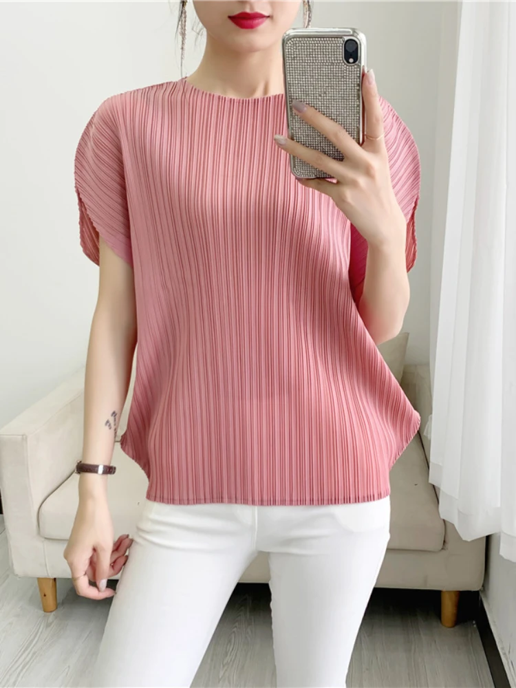 Miyake Women Egg-shaped Irregular Hem Top 2024 Summer Ladies Pleated T-shirt Female Japanese Style Casual Loose Tops