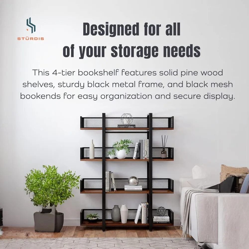 Solid Pine Wood Bookcase with Mesh Barriers for Bedroom, Black