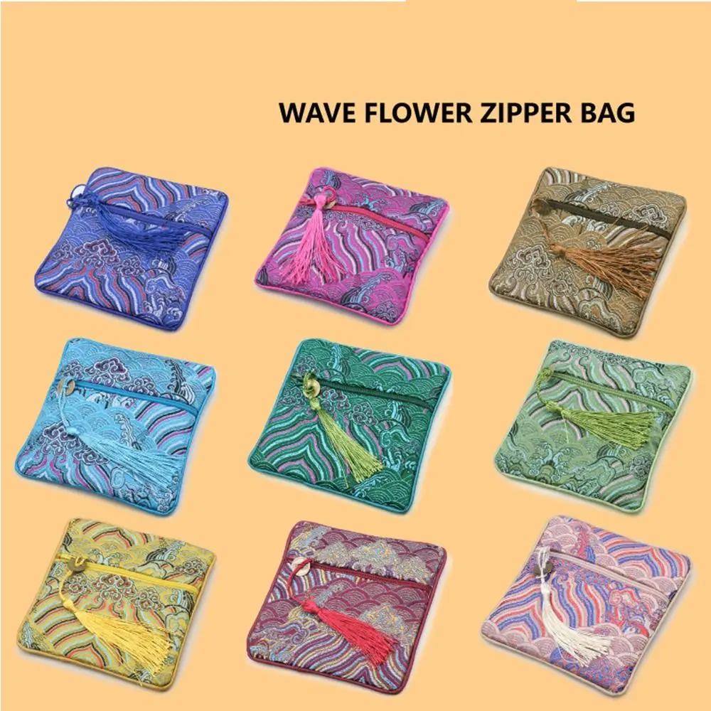 Organizzatore di gioielli in seta stile cinese Portamonete Borsa in broccato ricamato Borsa con cerniera modello onda marina Borsa per gioielli