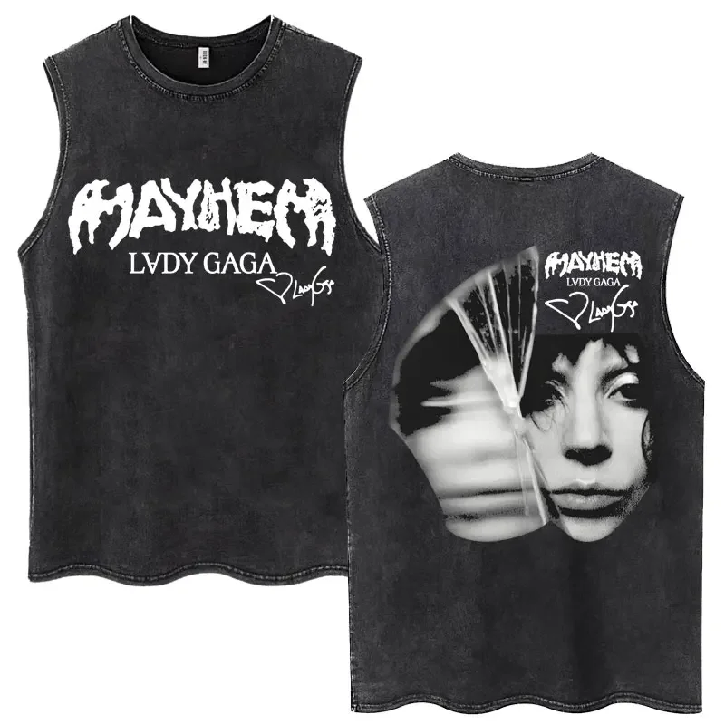 Washed Lady Gaga Disease Retro Sleeveless T-shirt Men Women Fashion Personality Casual Cotton Summer Oversized Casual Tank Tops