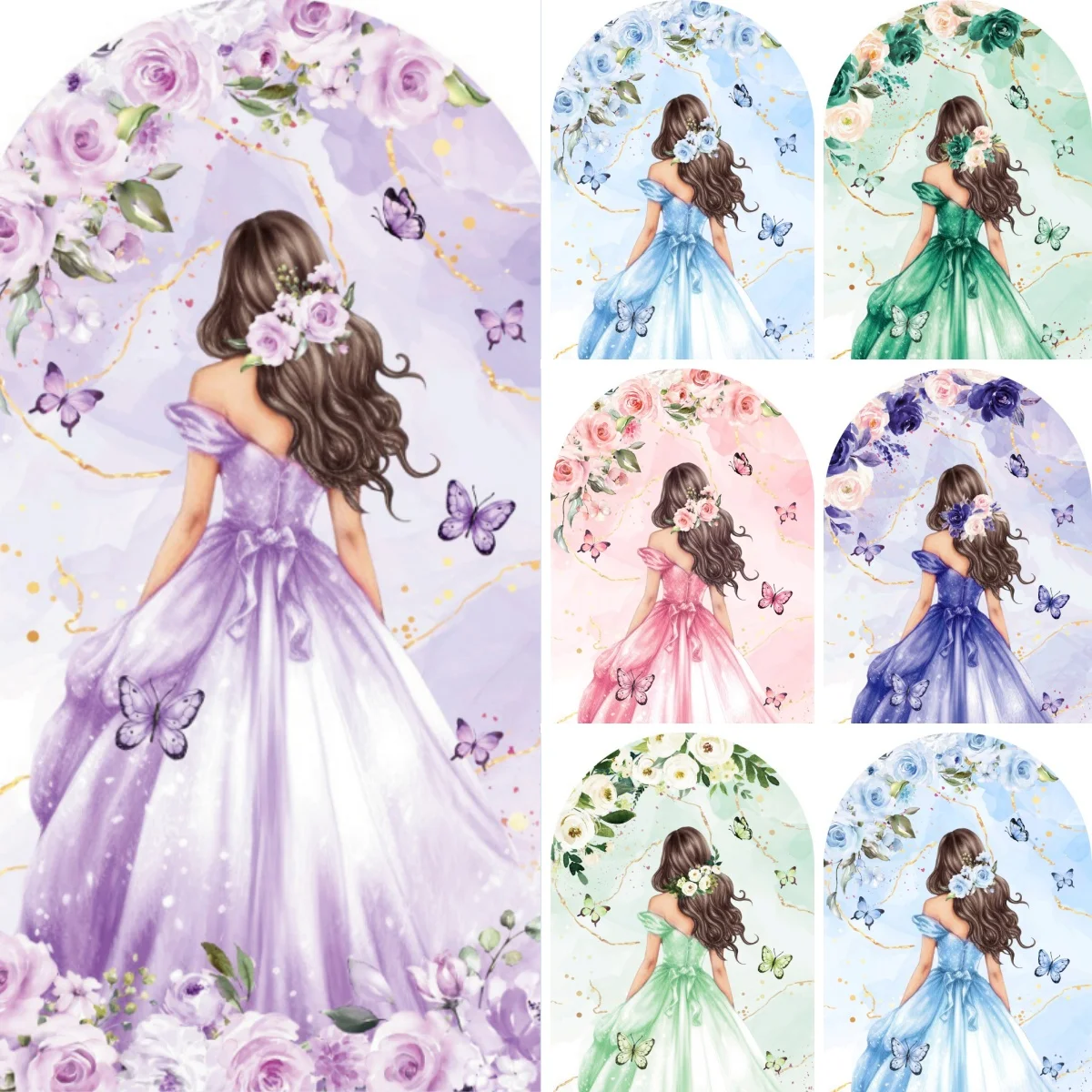 

Quinceanera Flower Dress Single-Sided Arched Backdrop 2026 Girl Birthday Party Wedding Purple Butterfly Decorations Background