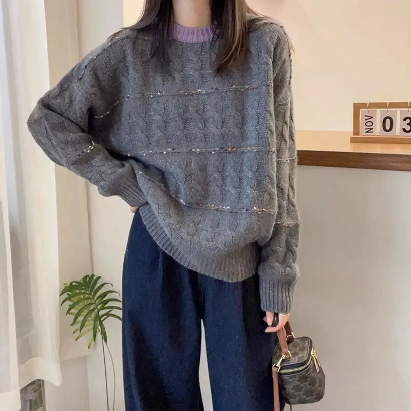 Korean style long-sleeved soft waxy loose sweater for women autumn and winter new style pullover contrast color chic knitted