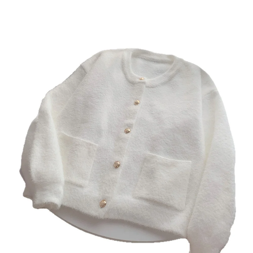 أنيقة الذهب زر سترة المرأة الخريف الشتاء س الرقبة سترة مشغولة من الصوف أعلى تنوعا تقليد فرو المنك معطف واحد الصدر