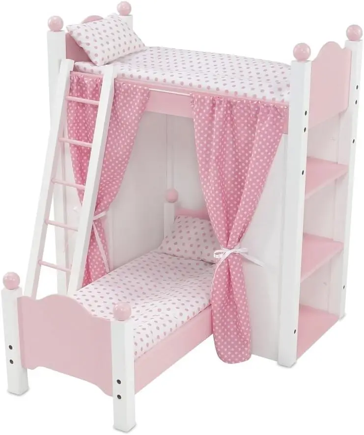 Doll Loft Bunk Bed for 18 Inch Dolls, Baby Doll Bunkbed with Storage Shelves, Bedding & Ladder, Mini Furniture Organizer Shelf