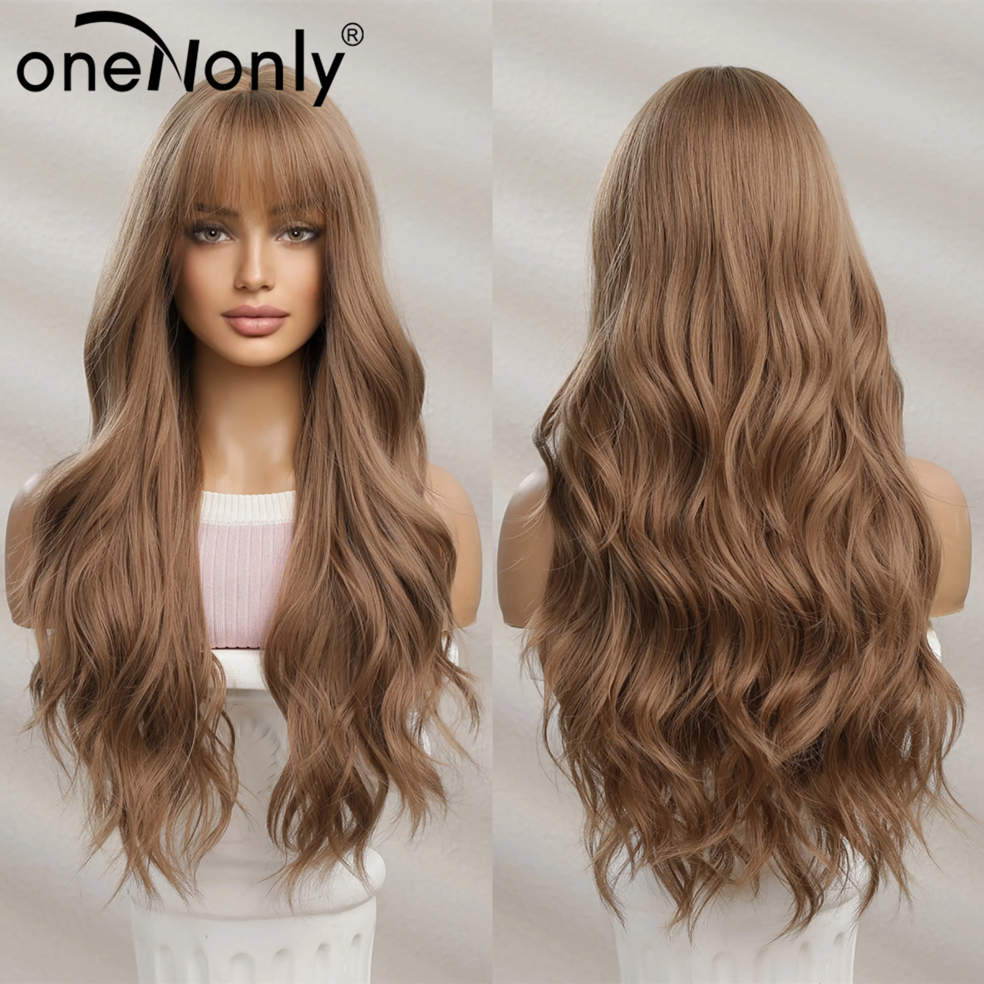 

oneNonly Long Brown Synthetic Wigs for Women Natural Water Wave Hair Wig with Bangs Heat Resistant Hair Cosplay Party Use