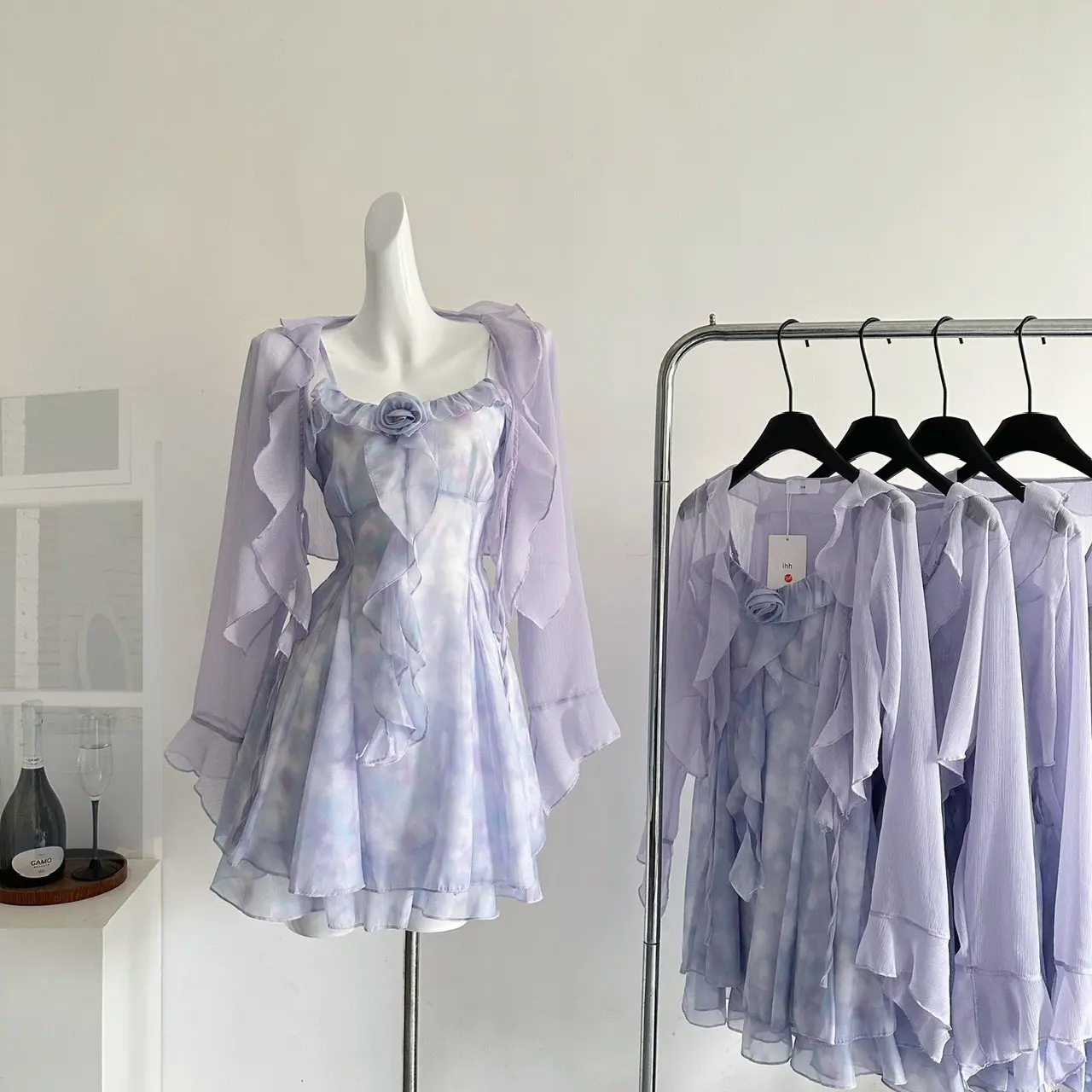 

Sweet Temperament Purple Floral Dress Long Sleeved Pleated Cardigan Women's Slim Fit Camisole Short Skirt Summer Two-Piece Set