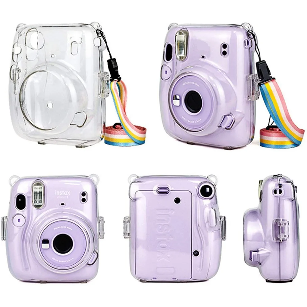 B44C Crystal Camera Case Protective Clear Case With Adjustable Rainbow Strap For Fujifilm Instax Mini 11 Cameras Accessories