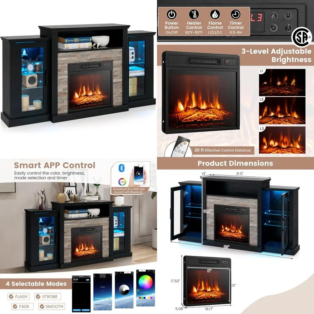 Meja TV dengan Perapian LED, Rak yang Dapat Disesuaikan, Lampu 16 Warna, Remote Control & Fitur Keamanan