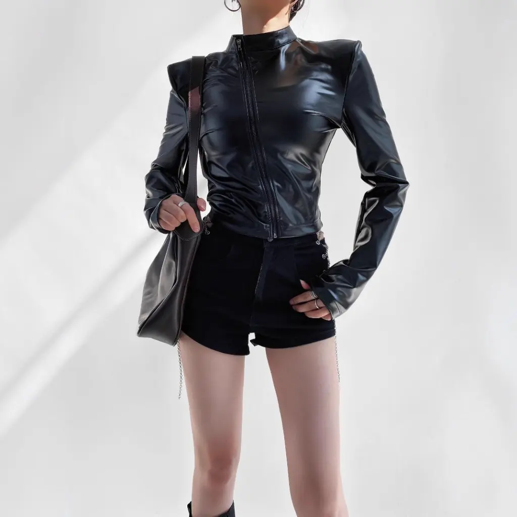 スパイスガールスタイルPUレザージャケット女性用斜めジッパースペシャルエージェントデザインスリムフィット縦襟秋新作