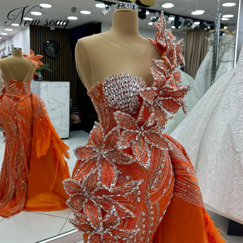 New Fashion Orange Evening Dresses Arabic Beading Flowers Women Prom Dress Robes De Soiree Birthday Party Second Reception Gowns