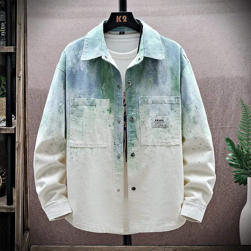 

Весенне-осенняя новая джинсовая куртка с градиентным воротником для подростков, свободного кроя, стильная, молодежная, ветрозащитная, длинная