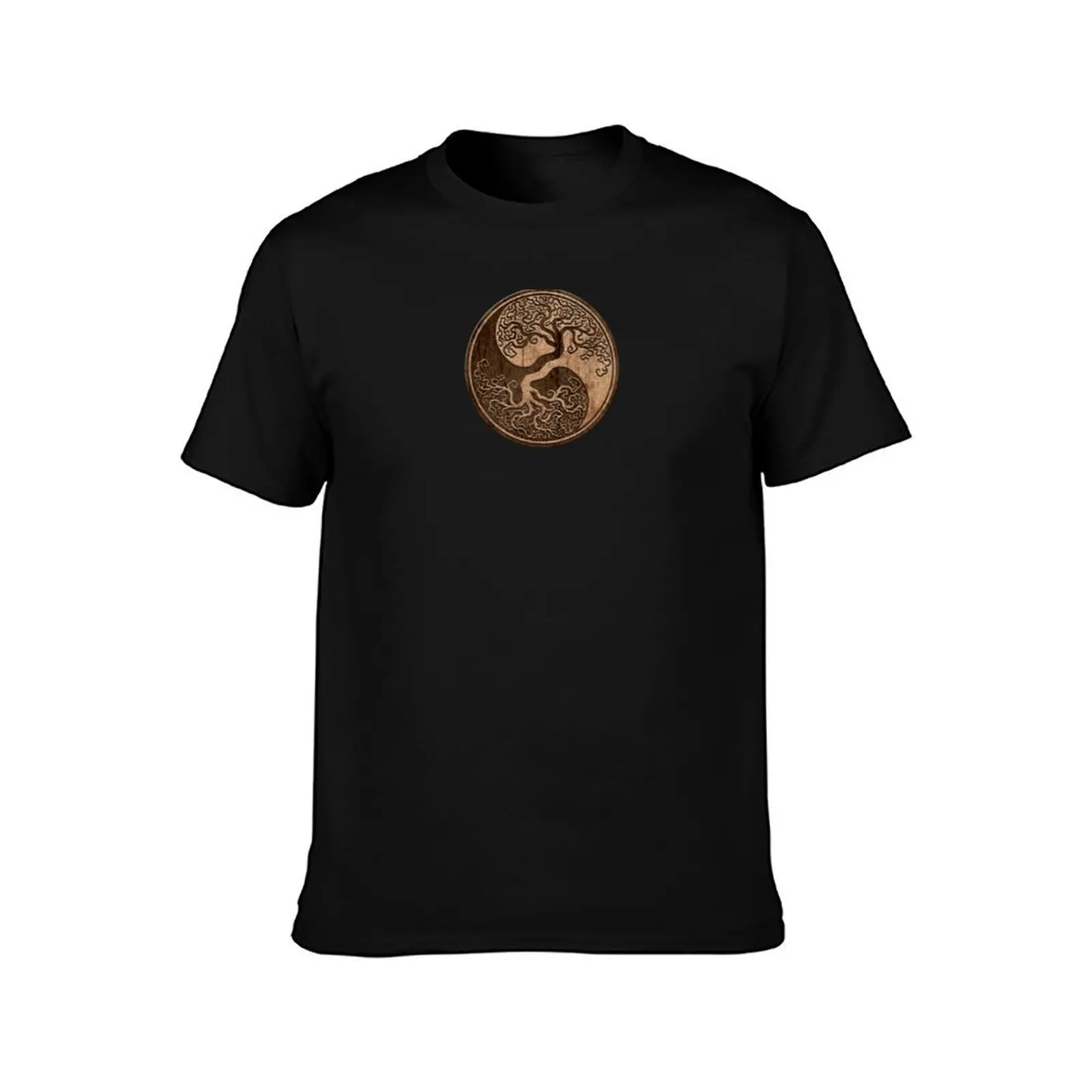Rough Wood Grain Effect Tree of Life Yin Yang T-Shirt Casual Basic Short Sleeve T-Shirt
