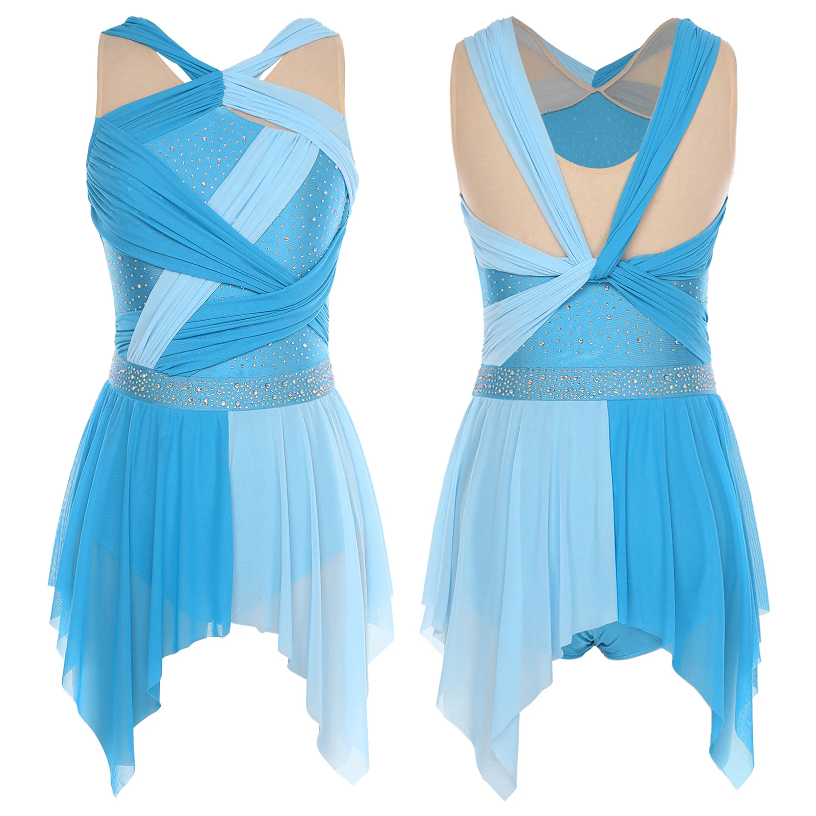 إمرأة غنائي ملابس رقص حجر الراين كتلة اللون شبكة Ruched الملتوية عقدة غير النظامية هيم يوتار فستان الشكل التزلج ارتداءها