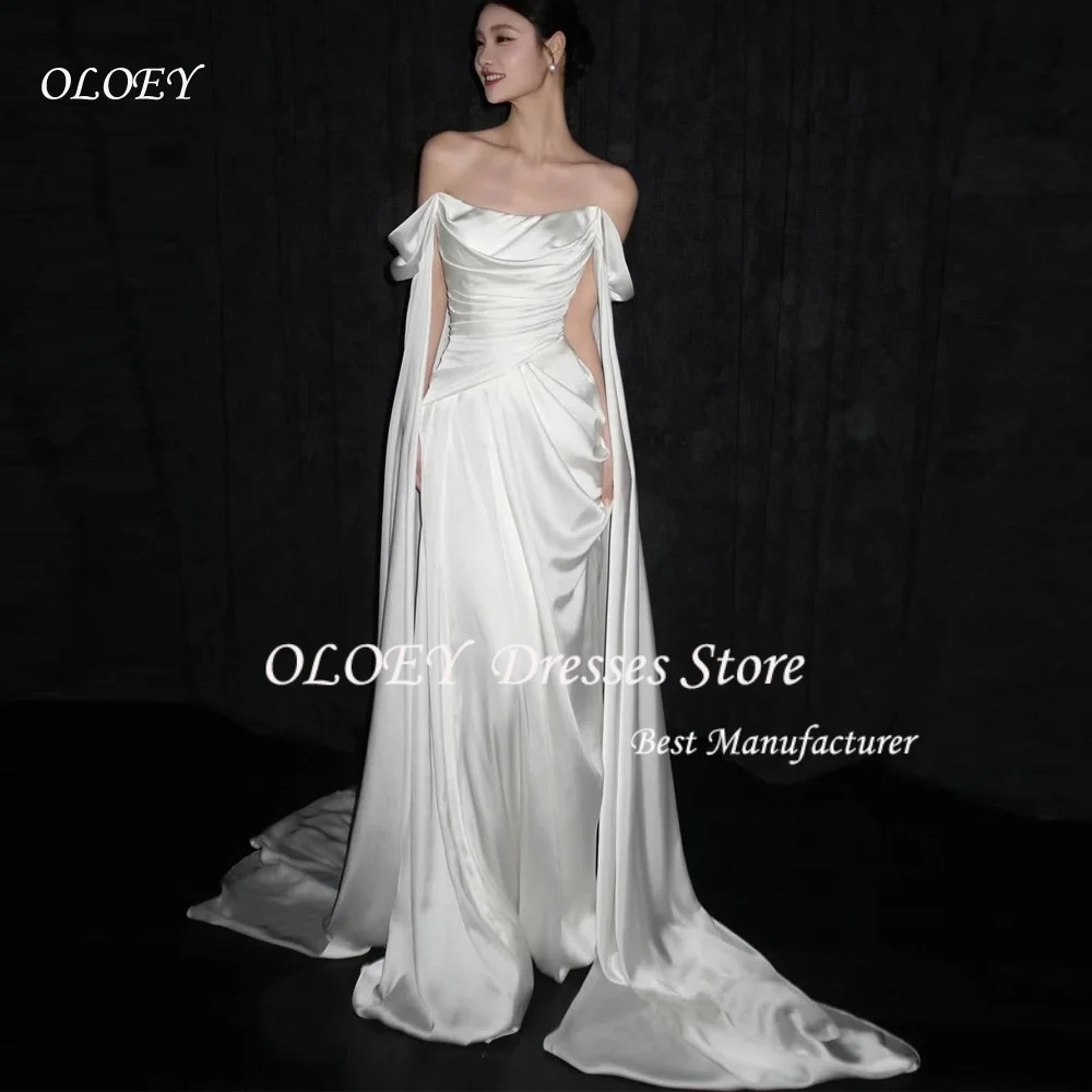 OLOEY Simple A-Line Silk Satin Off Shoulder Korea Wedding Dresses Elegant Long Bridal Gowns Customized 웨딩드레스 Photo Shoot