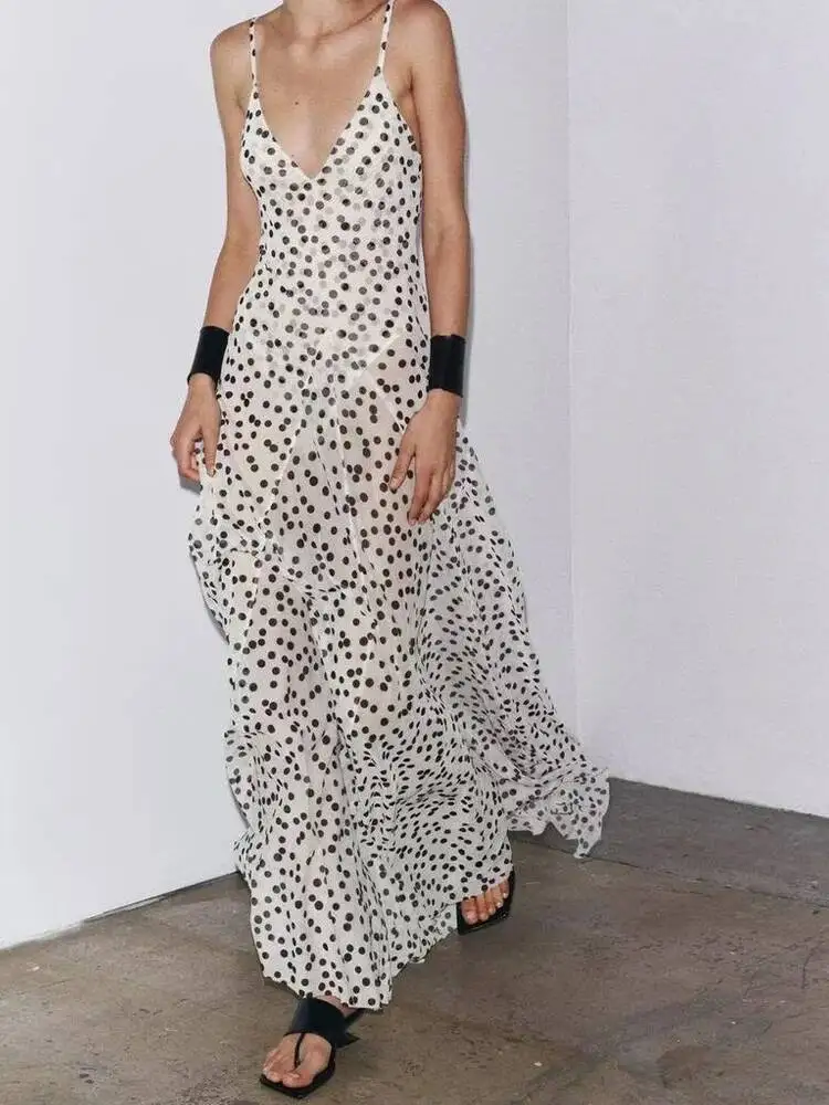 

European And American Style Summer New Women's Clothing Temperament Slim V-Neck Sleeveless Suspender Polka Dot Long Dress