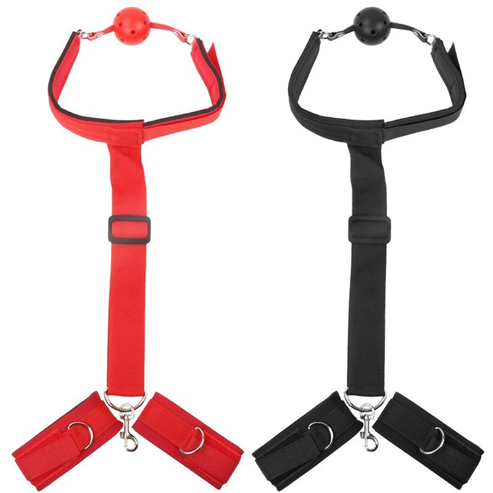 Nylon Ball Gag Wrist Cuffs Harness Adjustable BDSM Restraint Strap Breathable Mouth Gag with Handcuffs Safe Couple Intimacy Bond