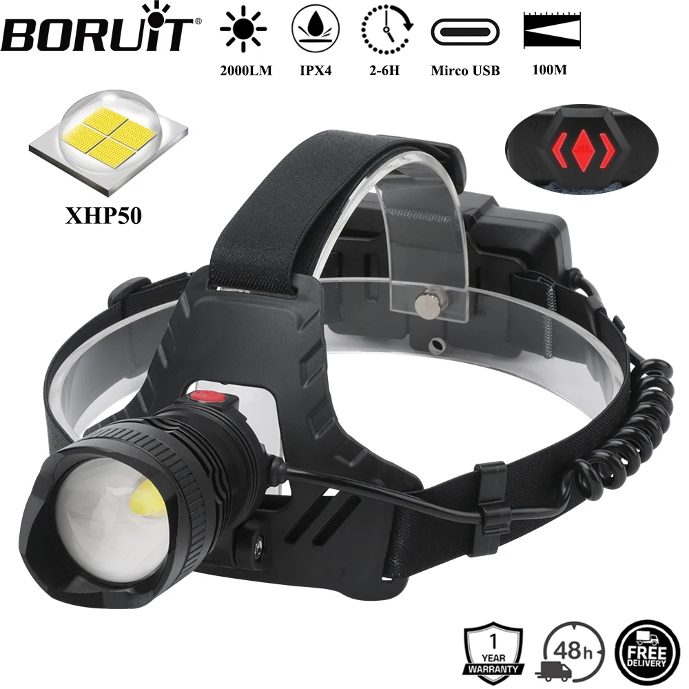 

BORUiT 2000LM XHP50 LED Zoomable Headlamp Mirco USB Rechargeable Headlight Waterproof Camping Fishing Head Torch