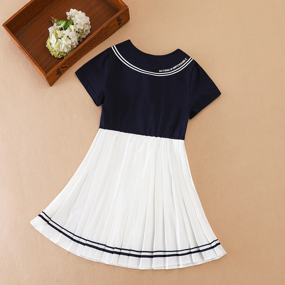 Kids Summer Dress Navy & White Girls' Sailor Style Dress Short Sleeve Pleated Dress with Collar and Bow Children School Clothing