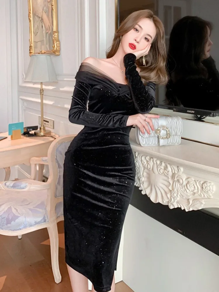 Elegant Sequins Velvet Midi Dress Office Lady Off Shoulder Black Bodycon Evening Vestidos Spring Autumn Female Formal Clothes