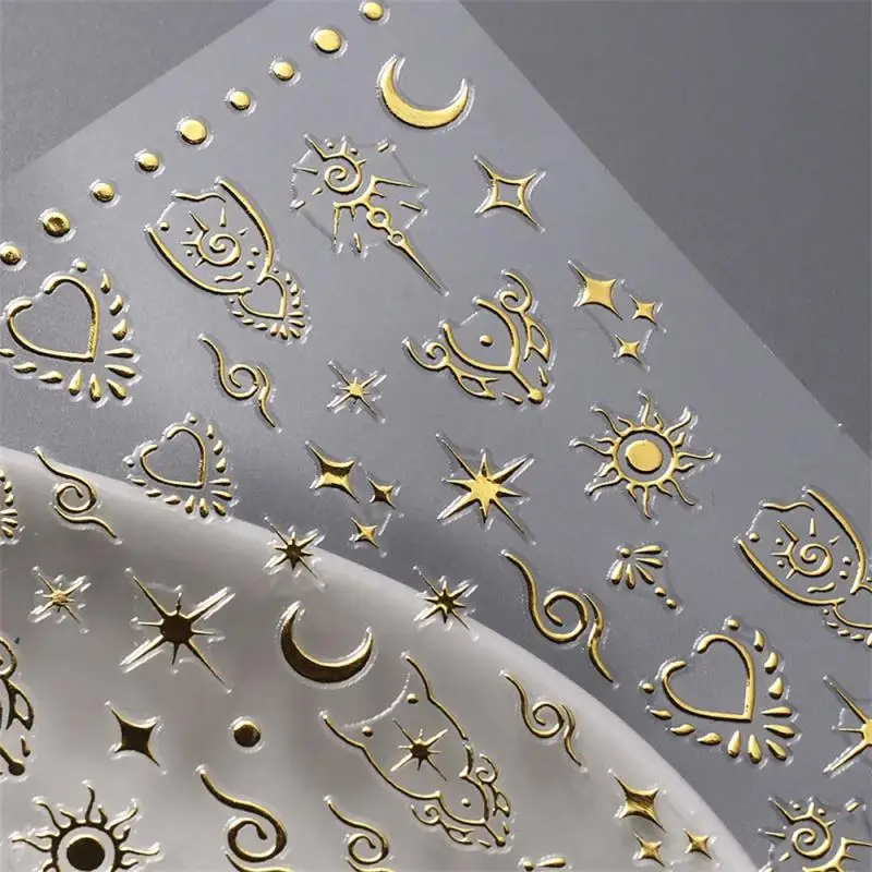 Gold Plated สติกเกอร์เล็บกระจก Glitter ทองเงินเล็บ Decals Sun Moon Star Vintage Totem Sunset ตกแต่งเล็บเล็บ