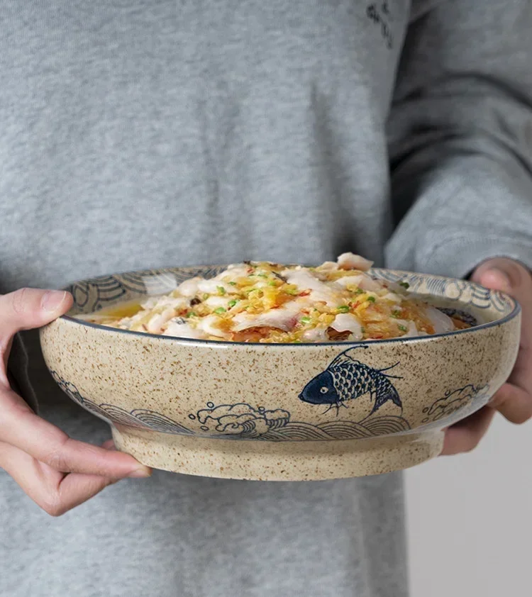 Japanese Style 9Inch Retro Ceramic Soup Bowl Household Ramen Noodle Bowls Commercial Pickled Cabbage Fish Large Bowl