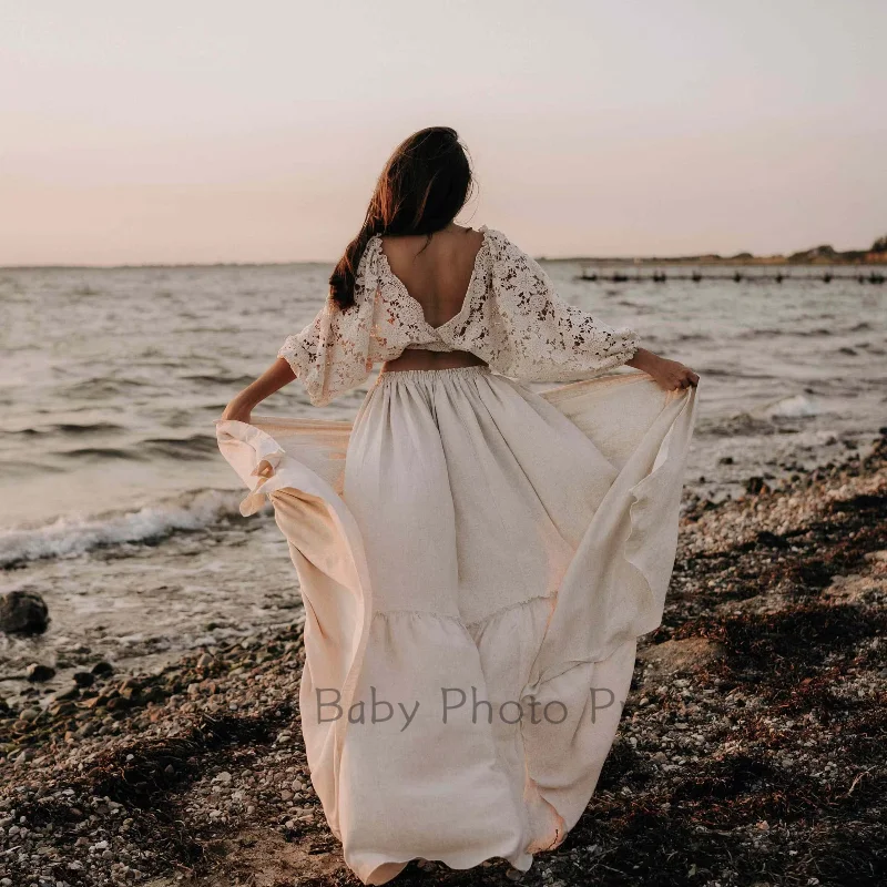 Frauen Boho Kleid zweiteilig Set Fotografie Requisiten Vintage Spitze Top und Leinen Rock Mutterschaft Schwangerschaft Fotoshooting Kleidung