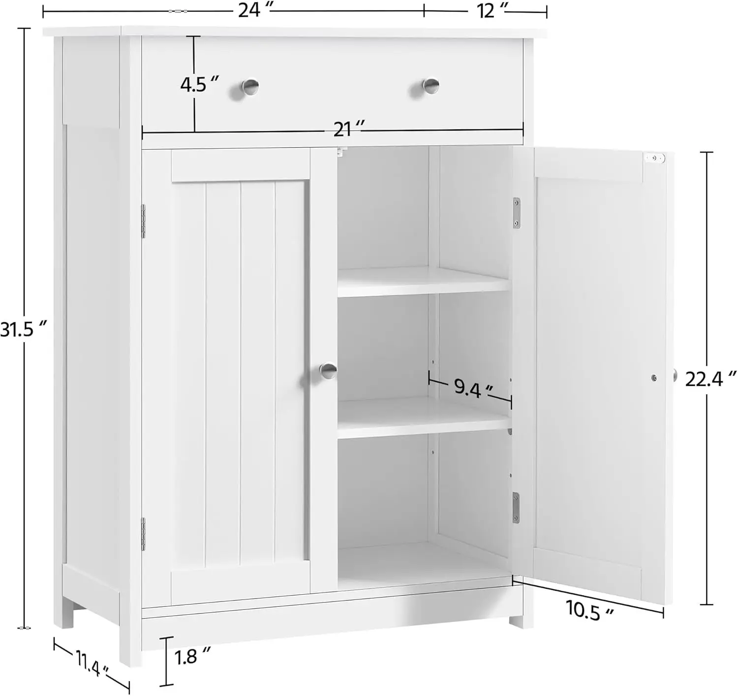 Badezimmerschrank mit 1 Schublade, 2 Türen und verstellbarem Regal, Aufbewahrungsschrank für den Eingangsbereich aus Holz, 11,8 T x 23,6 B x 31,5 H Zoll, Weiß