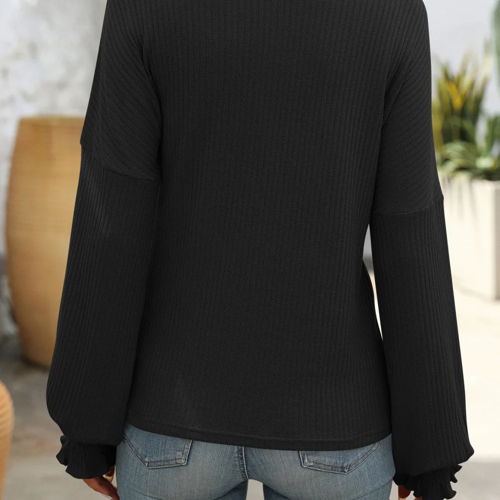 Womens Long Sleeve T Shirt Autumn Winter Casual Loose Pullover Ribbed Knit Top Elegant Petal Sleeve Round Neck Basic Tee